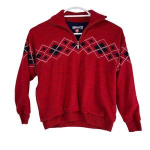 Kama Wind Stopper Heavy Lined Red Argyle Sweater Zip Pocket Wool Silk Size XL